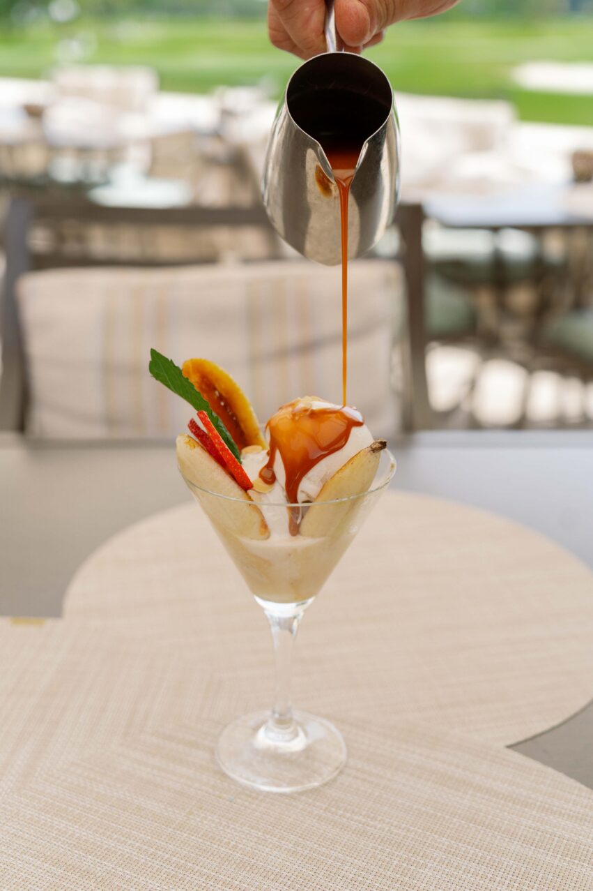 Smoked Banana Foster at the beef and bourbon fire experience at fairways restaurant in the biltmore hotel miami coral gables